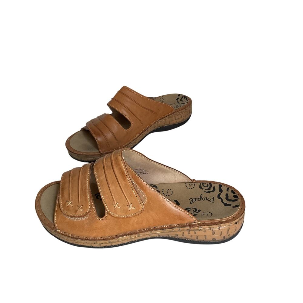 Propet Tan Leather Slide Sandals Womens Size 9.5 XW Wide Comfort Slip On